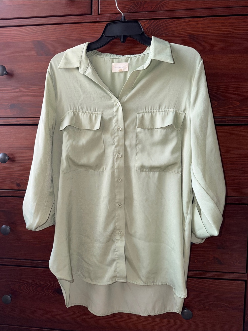 MELLODAY Satin Utility Shirt Fern Green Size Large